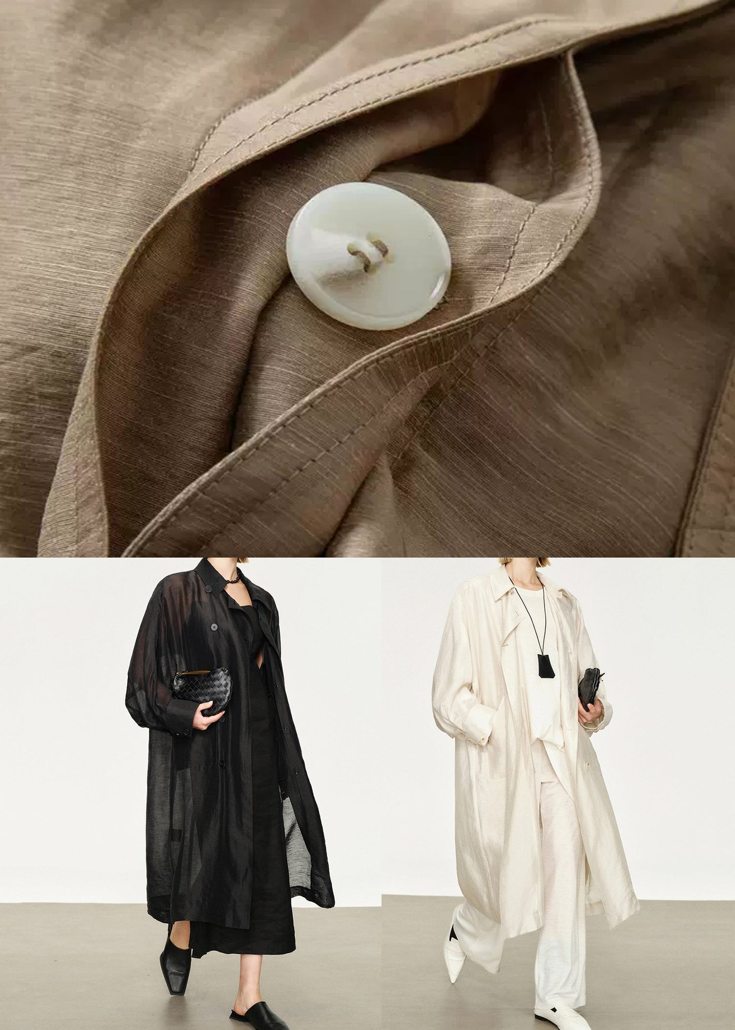 New Black Button Pockets Solid Linen Silk Long Trench Coat Batwing Sleeve