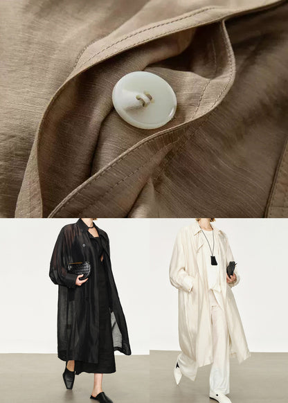 New Black Button Pockets Solid Linen Silk Long Trench Coat Batwing Sleeve