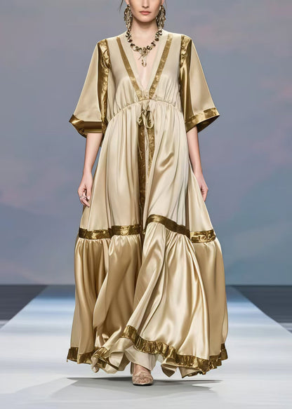 Bohemian Khaki V Neck Patchwork Exra Large Hem Silk Long Dress Half Sleeve