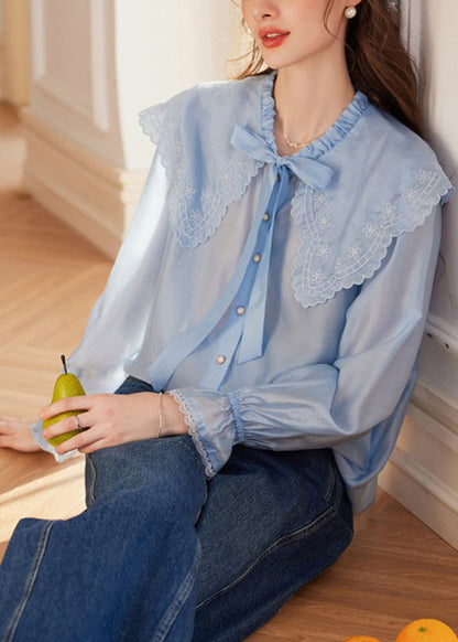 Blue Embroidered Floral Tie Lace Tops Fall