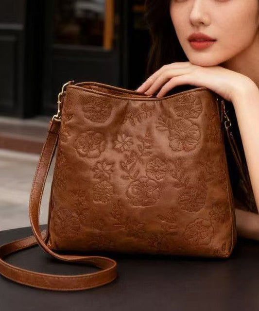 Fashion Brown Embroidered Inner Pocket Faux Leather Women Handbag
