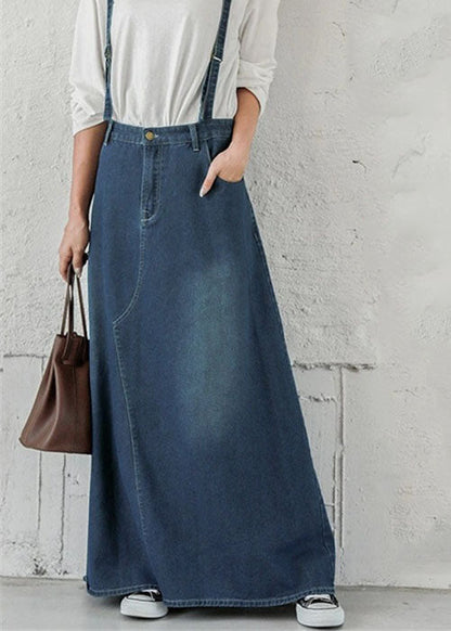 Bohemian Blue Pockets Patchwork Denim Maxi Skirts Spring