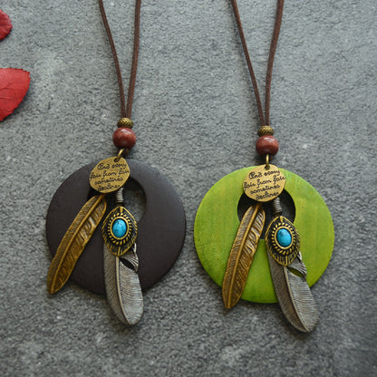 Vintage Feather Leaf Pendant Long Necklace