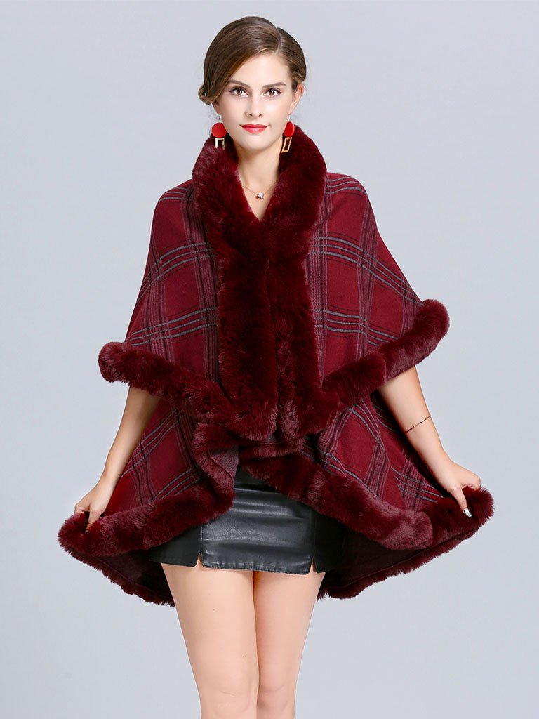 Women Poncho Wrap Faux Fur Collar Double Layer