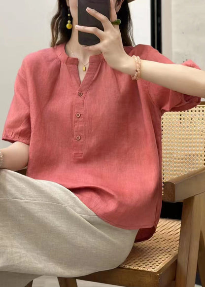Fine Blue V Neck Button Solid Linen Top Summer