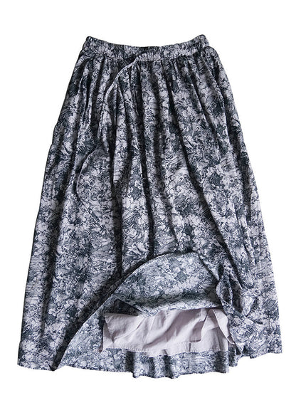 Bohemian Grey elastic waist drawstring Print Cotton Skirts Spring