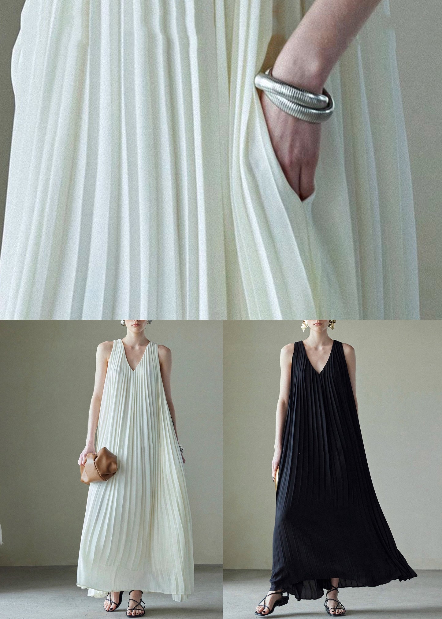 Italian White V Neck Wrinkled Solid Chiffon Maxi Dresses Sleeveless