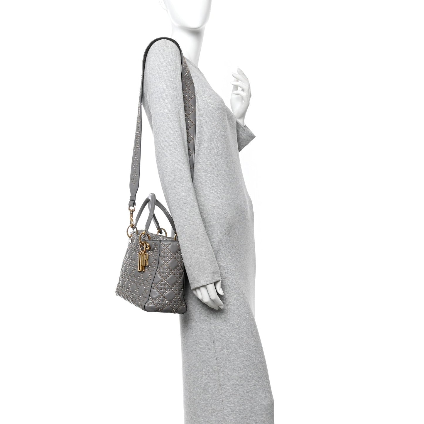 Calfskin Cannage Studded Medium Supple Lady Dior Grey