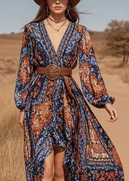 Casual Blue V Neck Asymmetrical Design Chiffon Long Dresses Lantern Sleeve