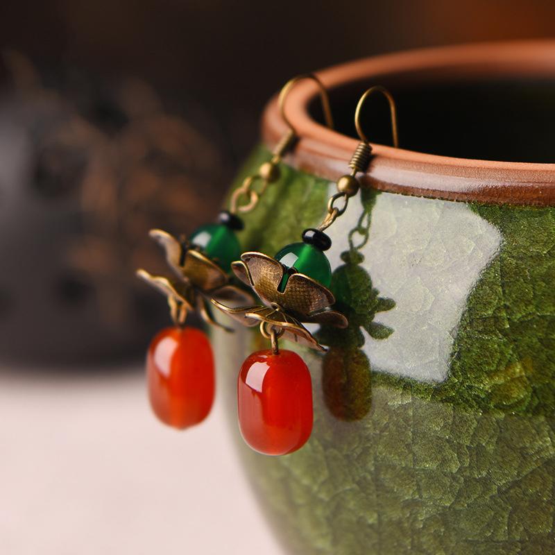 Retro Alloy Flower Red Agate Earrings