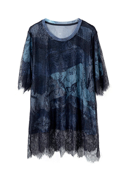 Blue Black Lace Hollow Out Patchwork T-Shirt Summer 2025