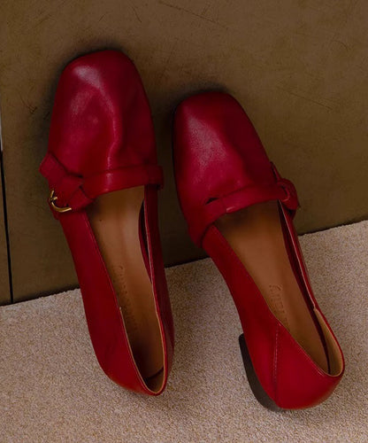 Women Red Chunky Shoes Cowhide Leather Comfy Splicing