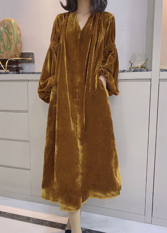Women Yellow Puff Sleeve Pockets Velour Dress