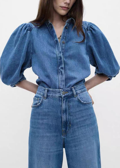 Vintage Denim Blue Button Shirts And Pants Two Pieces Set Half Sleeve