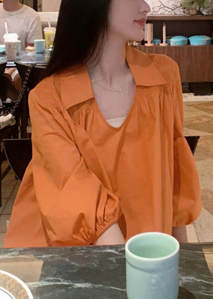 Simple Orange Peter Pan Collar Wrinkled Solid Cotton Shirts Dress Bracelet Sleeve
