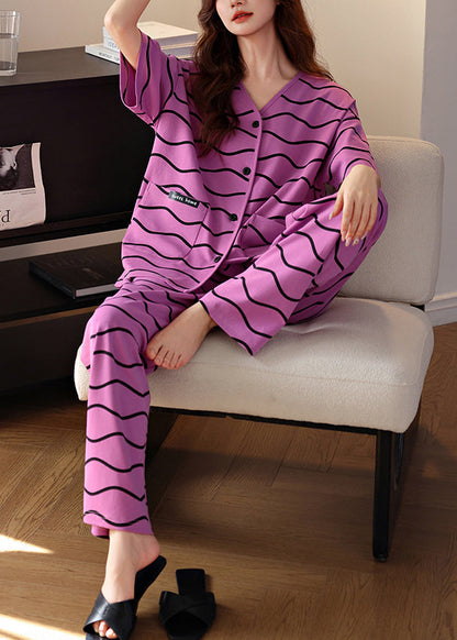 Women Purple V Neck Striped Pockets Cotton Pajamas Two Pieces Set Summer