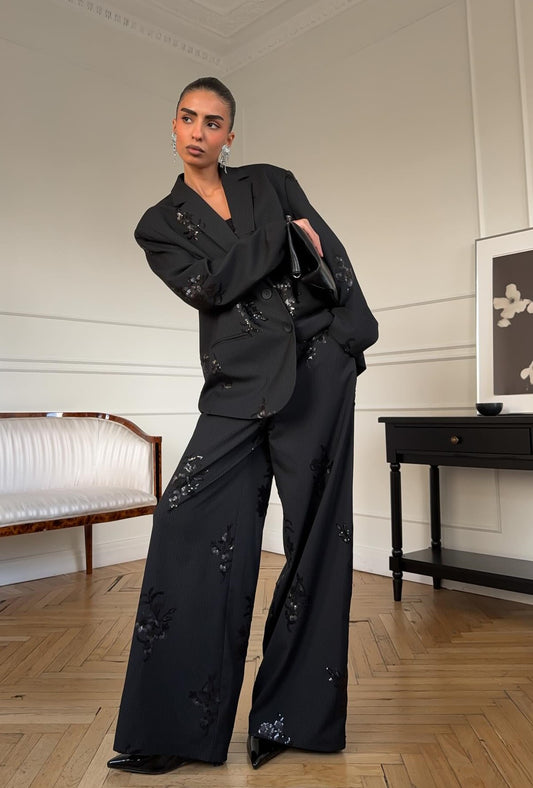 Women's Black Pinstripe Blazer Set with Sequin Embroidery Oversized Pants