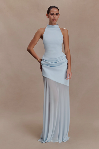 Light Blue Halter Neck Waist-Cinched Asymmetrical Chiffon Maxi Dress | Luxury Elegant Evening Gown