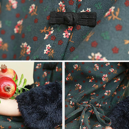 Autumn Winter Retro Floral Plush Thicken Dress