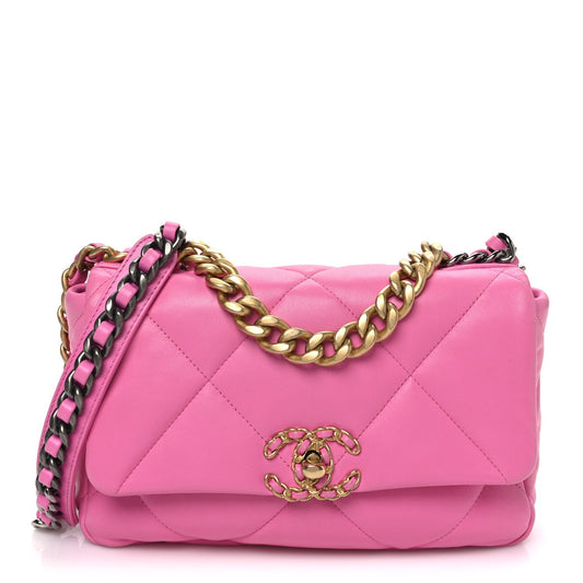 Shiny Lambskin Quilted Medium Chanel 19 Flap Neon Pink