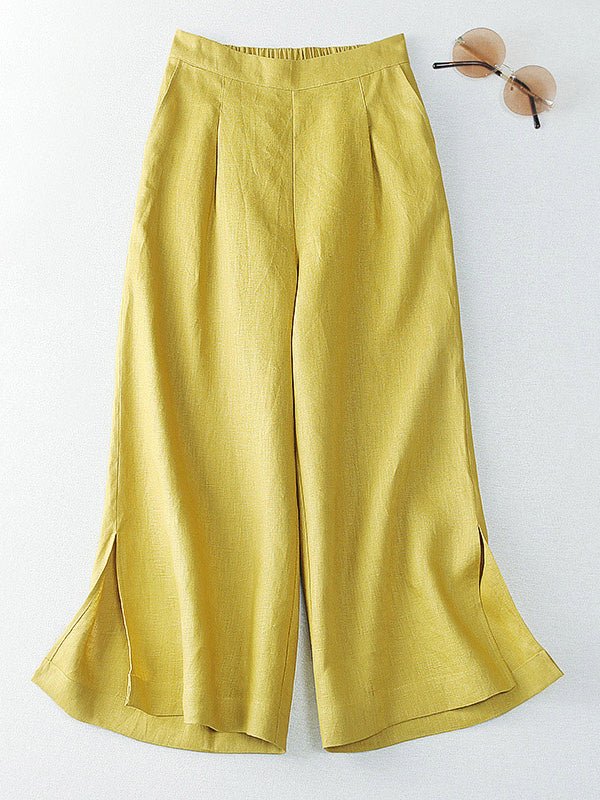 100% Linen Wide-Leg Casual Cropped Pants With Pockets