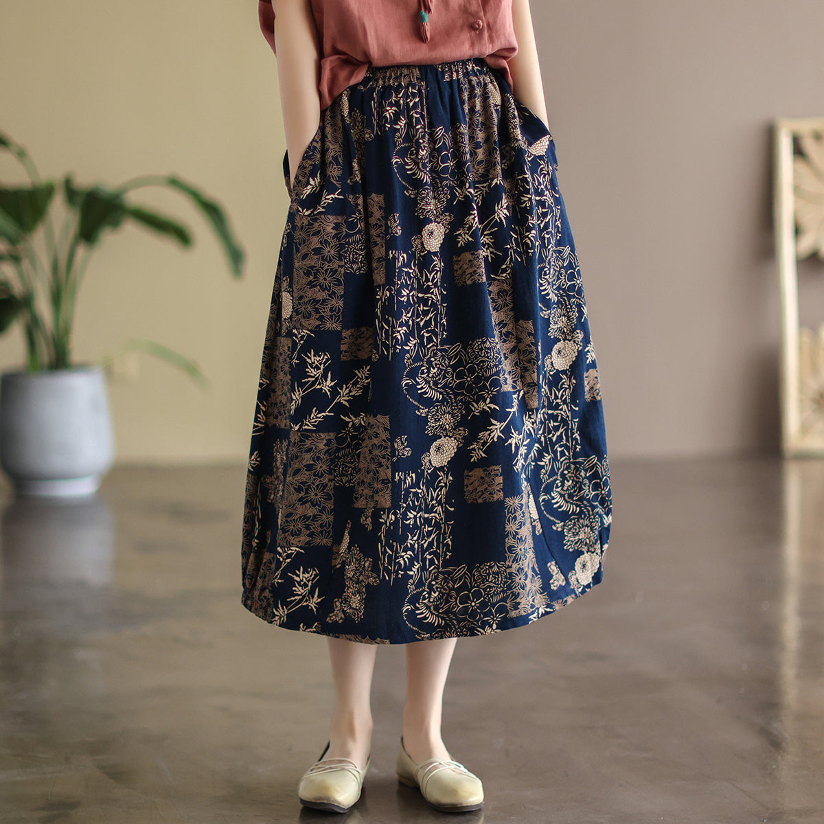 Cozy Vintage Floral A-Line Cotton Skirt