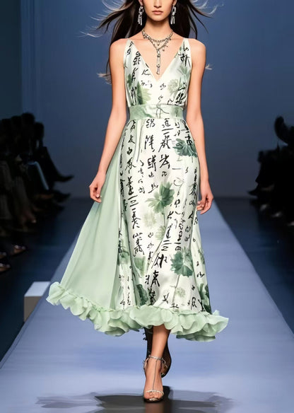 Bohemian Light Green Print Exra Large Hem Silk Cami Dresses Sleeveless