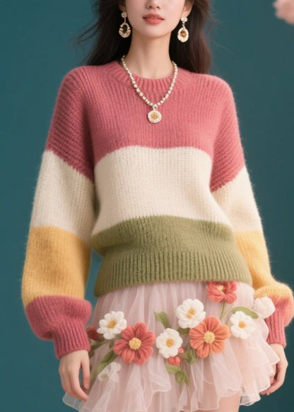 Chic Colorblock O Neck Knit Short Sweaters Winter
