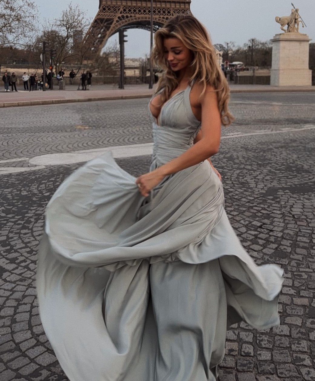 French Halter Deep V Ruched Slit Flare Maxi Dress | Luxury Elegant Waist-Cinching Slimming Evening Gown