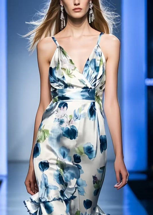 Blue Print Silk Mini Dresses Asymmetrical Summer
