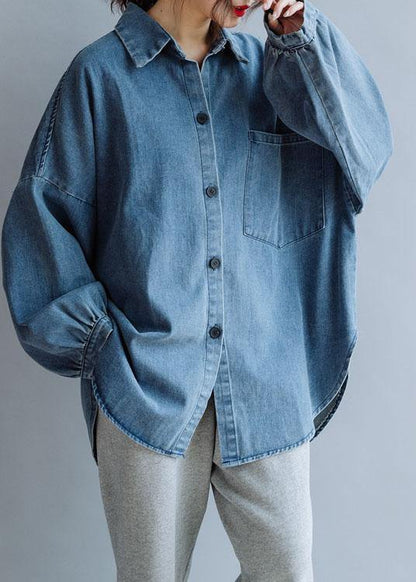 French low high design cotton shirts women pattern denim blue blouse fall