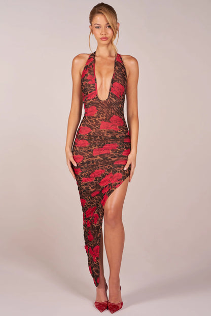 Halterneck Split Hem Midaxi Dress in Rose Leopard Print