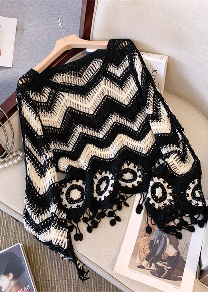 DIY Black Tasseled Striped Knit UPF 50+ Tops Fall