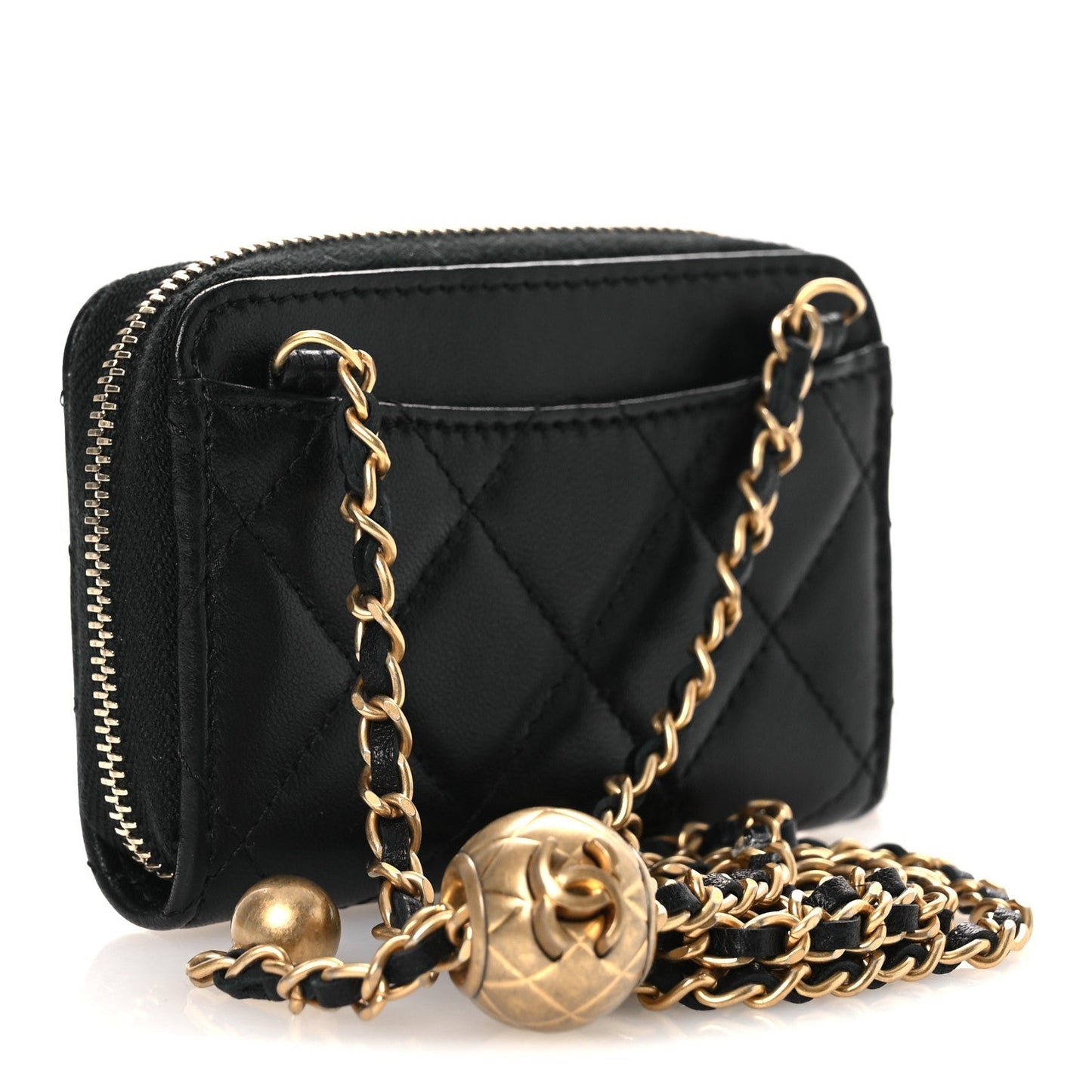Lambskin Quilted CC Pearl Crush Zip Card Holder On Chain Black