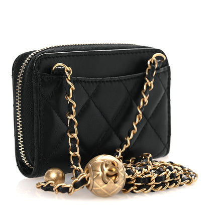 Lambskin Quilted CC Pearl Crush Zip Card Holder On Chain Black