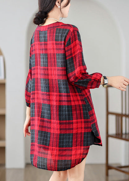 Elegant Red V Neck Plaid Linen Mid Dresses Summer