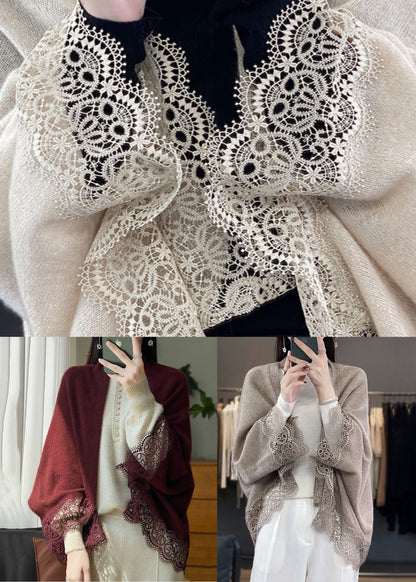 Women Camel V Neck Hollow Out Lace Woolen Cardigans Batwing Sleeve