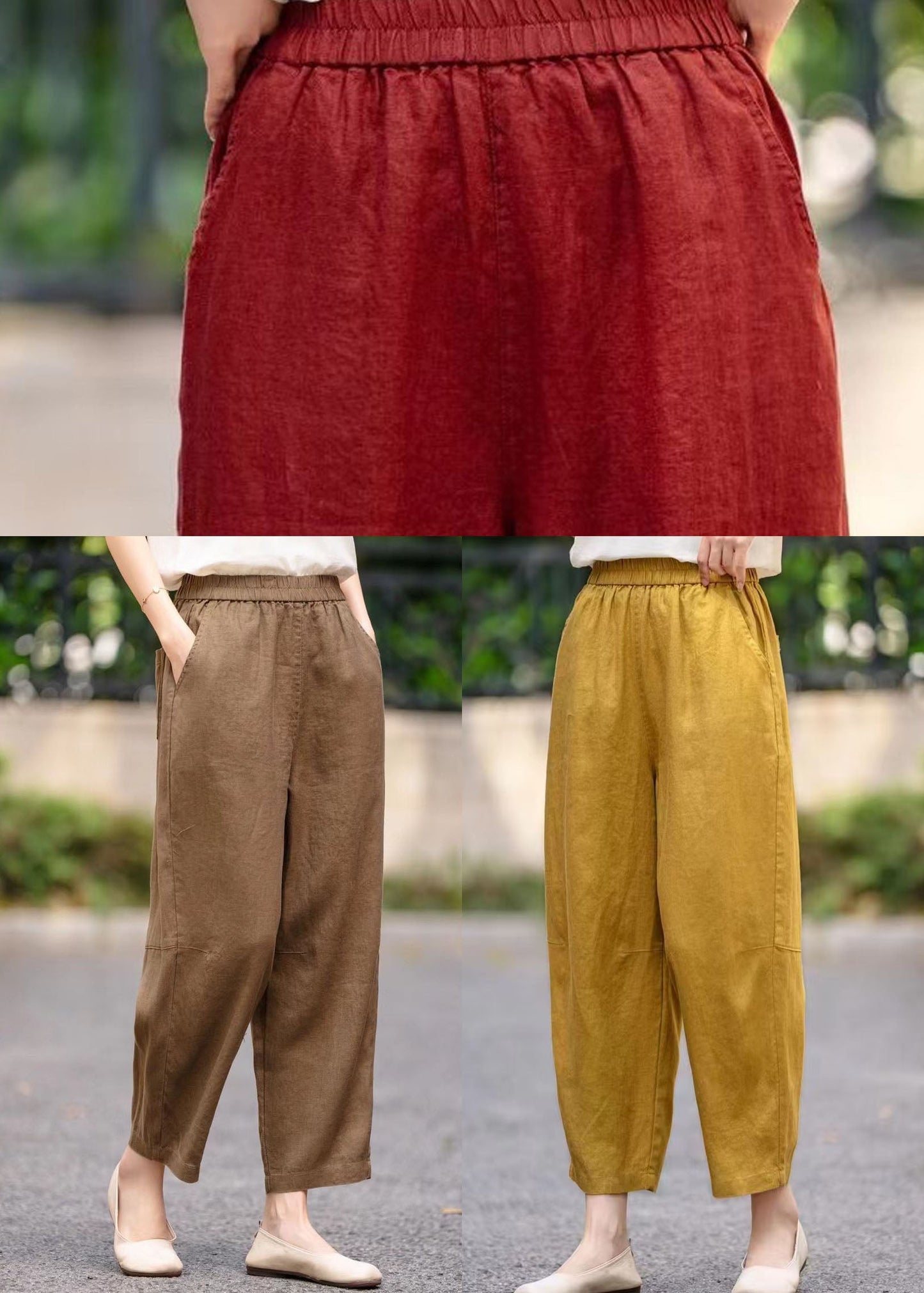 Plus Size Coffee Elastic Waist Linen Harem Pants Summer