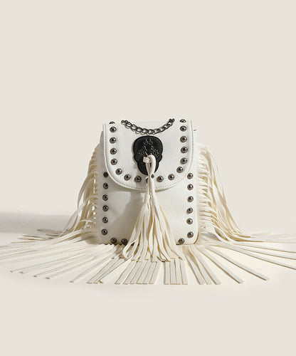 Chic Brown Tassel Rivet Faux Leather Chain Linked CrossBody Bag
