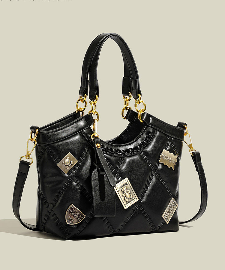 Handmade Black Bear Copper Sheet Decorated Faux Leather Tote Handbag