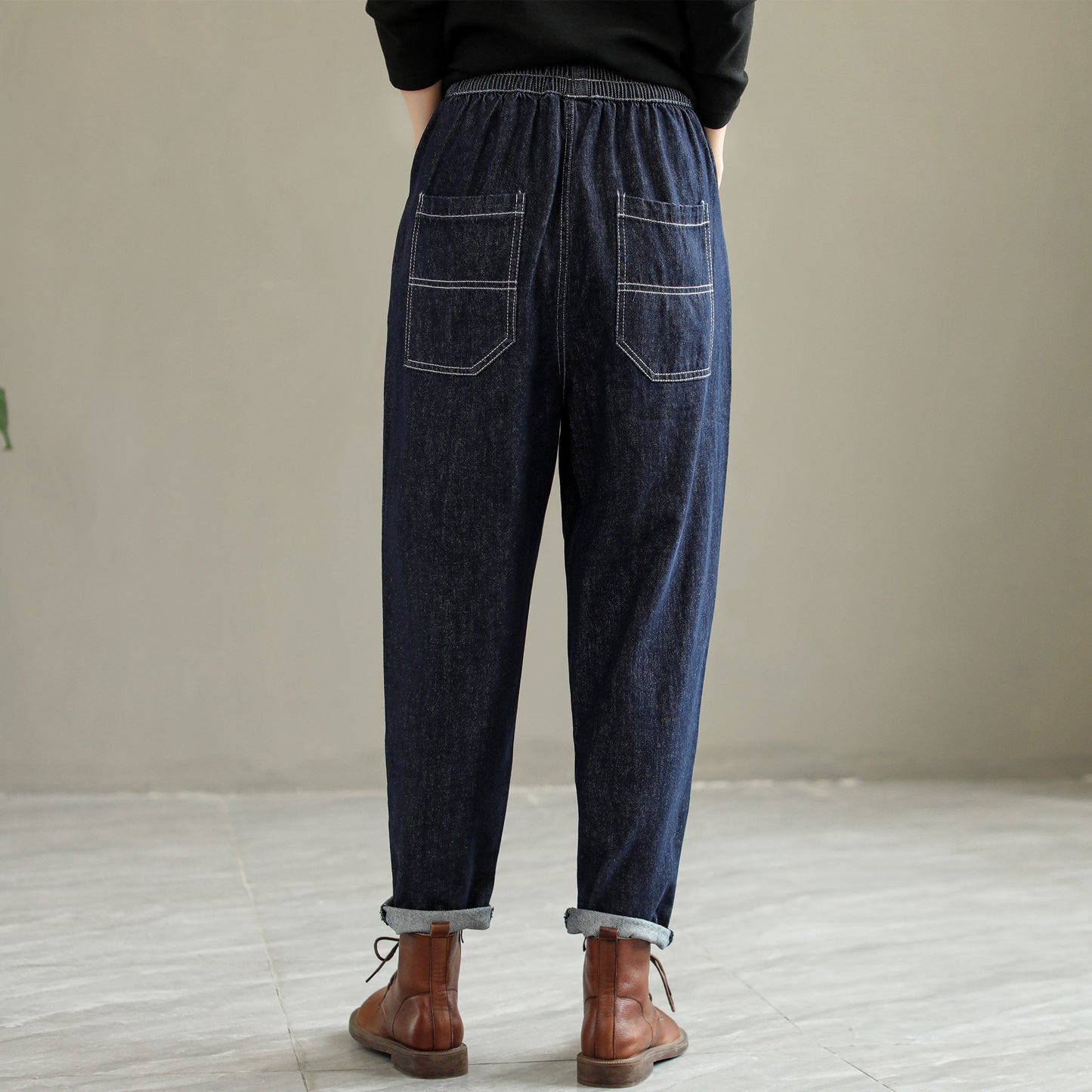 Autumn Casual Navy Cotton Jeans For Women