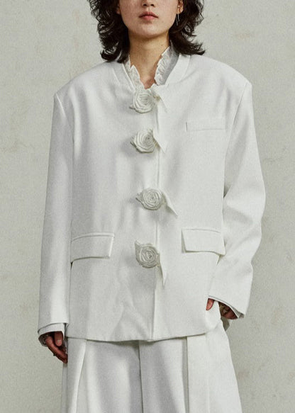 Original Design White Floral Solid Spandex Coat Fall