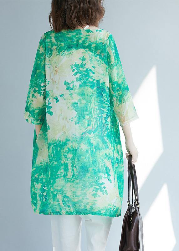 Organic Green Print Shirts V Neck Pockets  Blouses