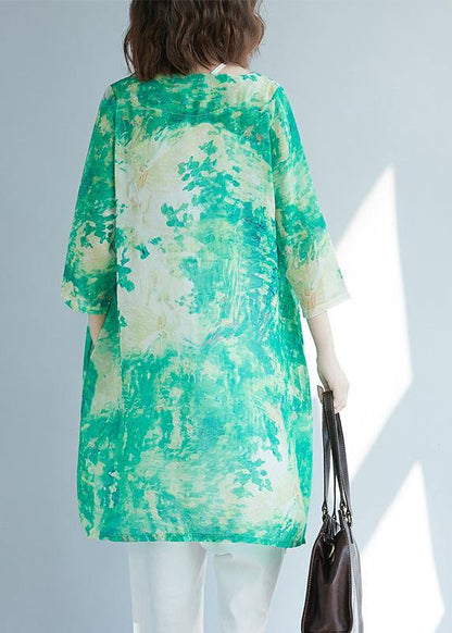 Organic Green Print Shirts V Neck Pockets  Blouses