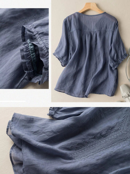 Solid Color V Neck Short Sleeve Casual Linen Top