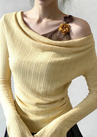 Art Yellow Floral False Two Pieces Patchwork Knitting Cotton T Shirt Flare Sleeve