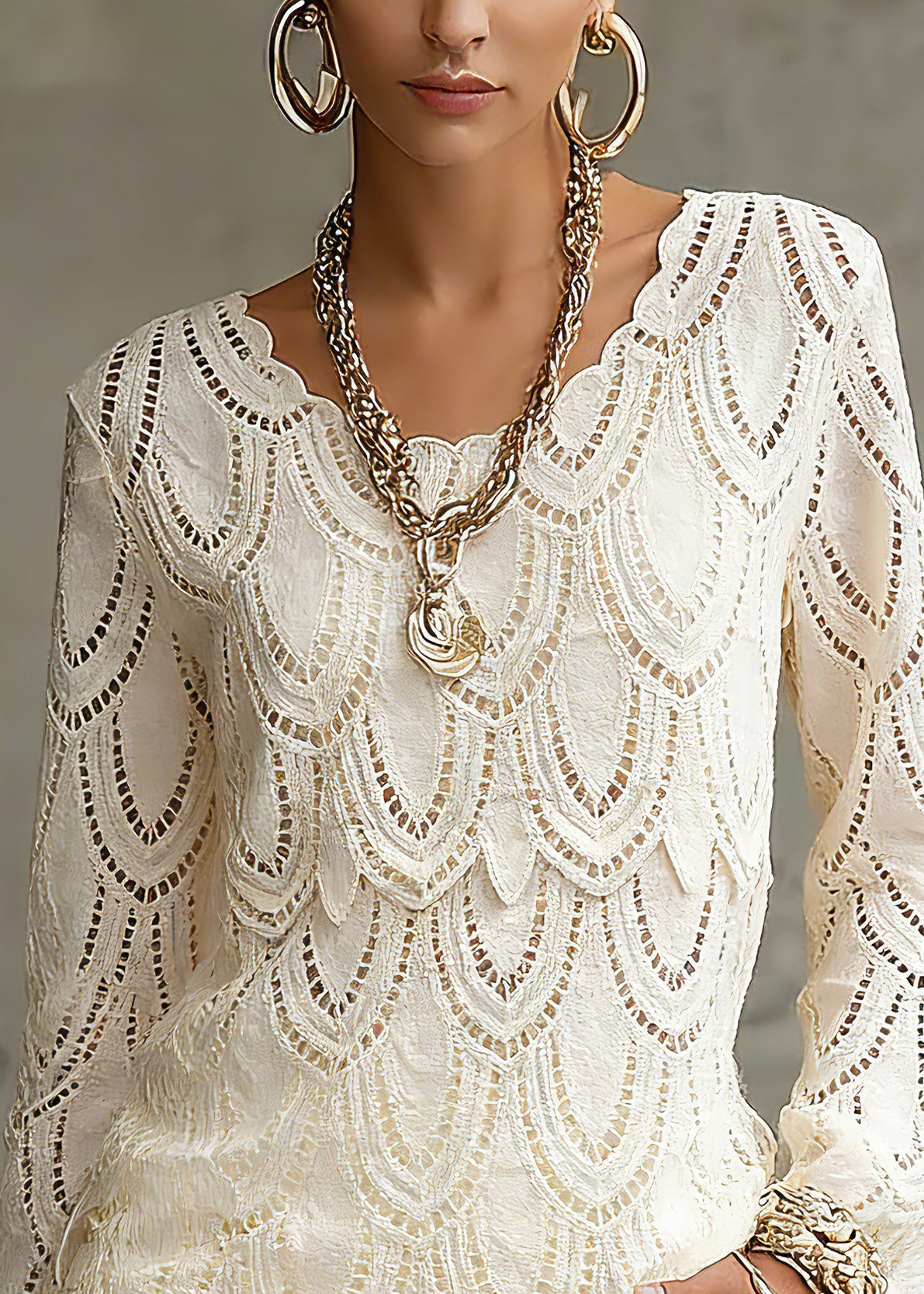 Novelty Beige Hollow Out Solid Lace Tops Spring