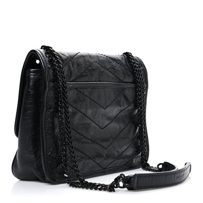 Crinkled Calfskin Matelasse Monogram Baby Niki Chain Satchel Black