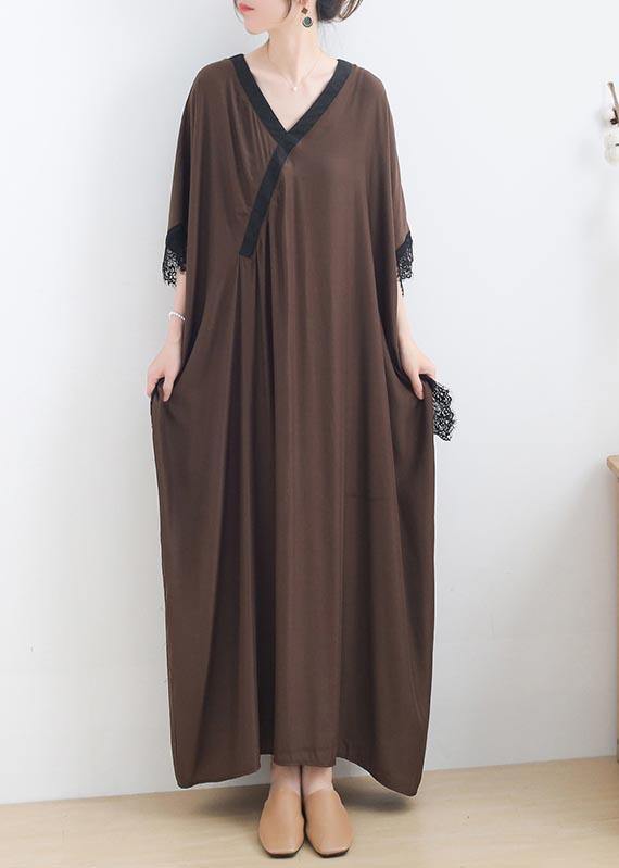 Elegant Chocolate Lace Trim Caftan Maxi Summer Chiffon Dress Gown