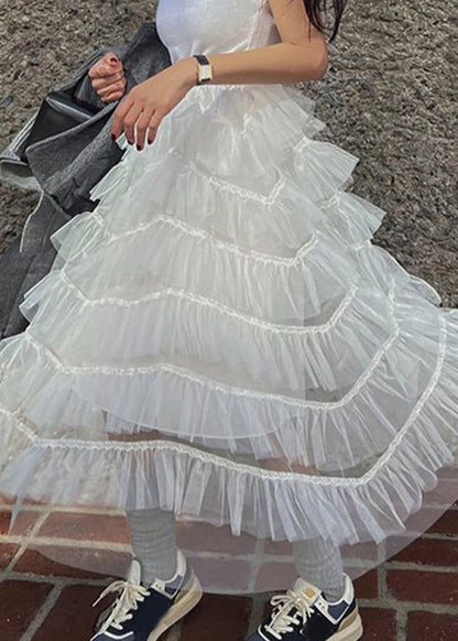 Chic White Ruffles Patchwork High Waist Tulle Skirt Summer
